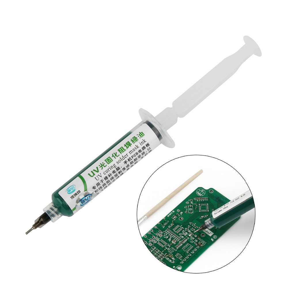 10ML Green Oil UV Solder Mask BGA PCB Paint Prevent Corrosive Arcing Soldering Paste Flux Inks Soft Nylon Brush 9 LED Light