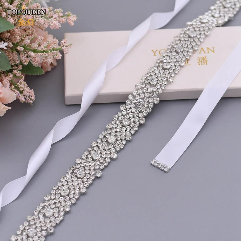 TOPQUEEN S28B Wedding Dress Belt Wedding Gown Belt Skinny Rhinestone Women Belts Crystal Bridal Sash Belt Silver Diamond Belt