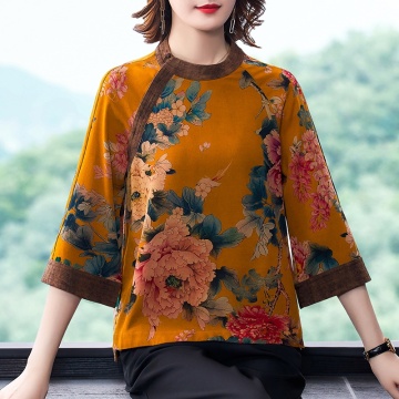 Traditional Chinese Style Clothing Women 2020 Silk Cheongsam Top Elegant Vintage Qipao Shirt Floral Print Qipao Costume 11641