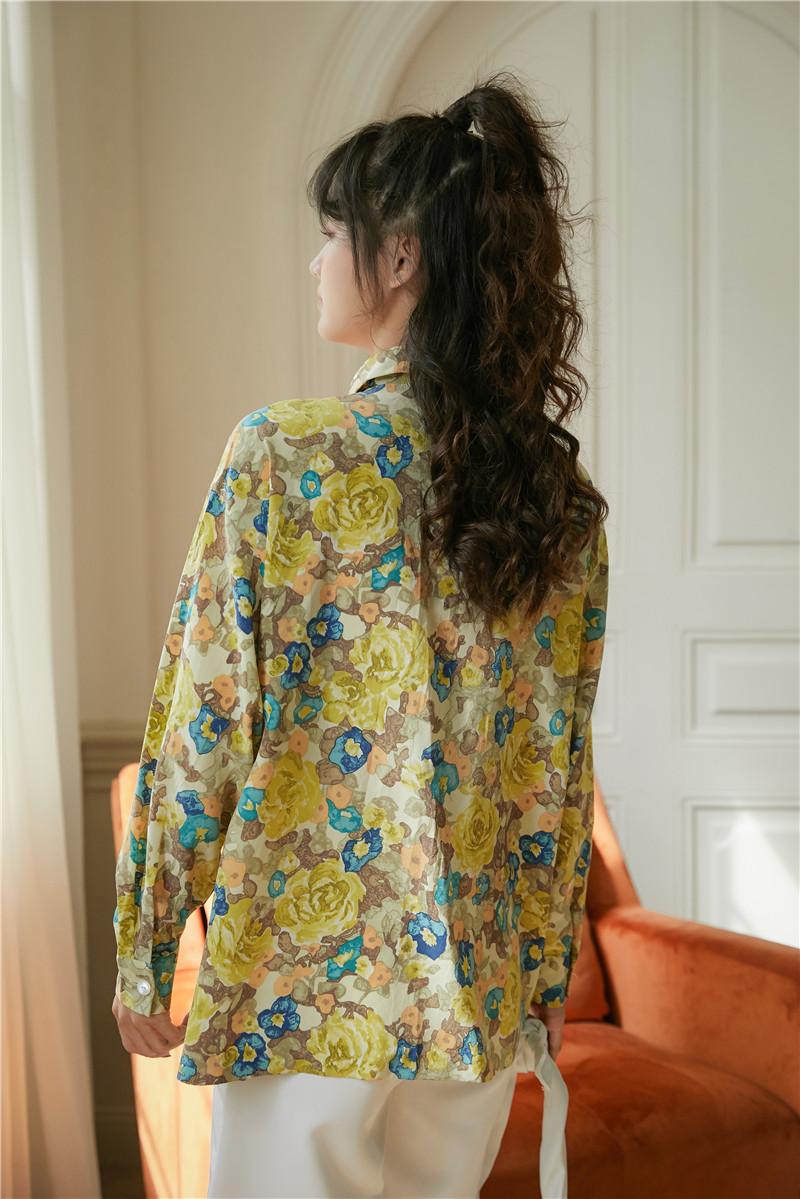 CHEERART Yellow Flower Shirt Women Fall 2020 Button Up Long Sleeve Blouse Loose Casual Floral Top Korean Fashion Clothing