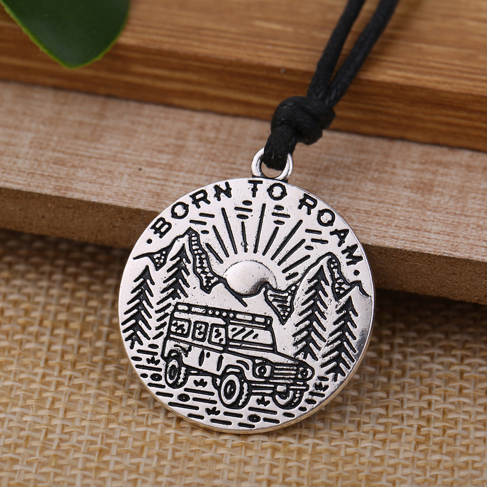 My shape statement necklace Sliver plated Round Charms Wax cord Chain Car pendant Born to Roam Scenery Engraved Christmas Gift