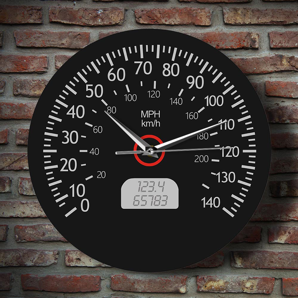 Speedometer Kilometers and Miles Printed Wall Clock Racing Mechanics Wall Art Black Car Dashboard Gauge Wall Watch Garage Decor