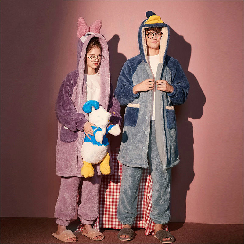 Cartoon Duck Hat Couple Pajamas Women Flannel Sleepwear Men's Home Service Suits Autumn and Winter Thickened Hooded Nightgown