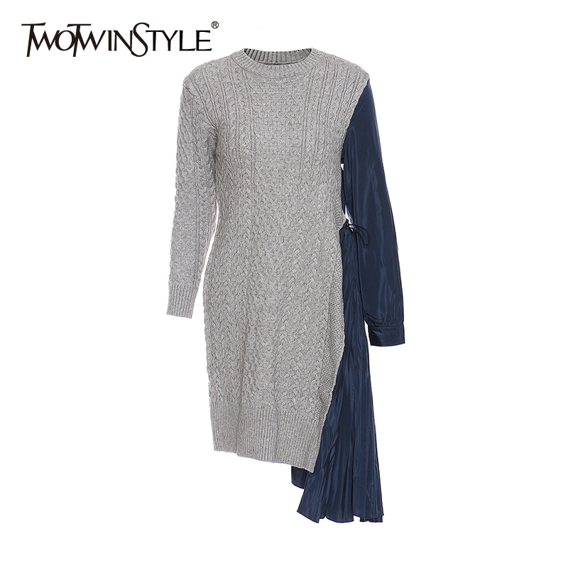 TWOTWINSTYLE Knitted Patchwork Pleated Dress For Women O Neck Long Sleeve High Waist Irregular Hem Casual Dresses Female Fashion