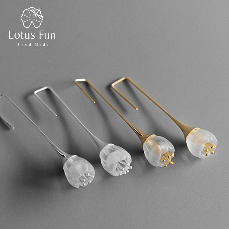 Lotus Fun Real 925 Sterling Silver Natural Crystal Handmade Fine Jewelry Lily of the Valley Flower Drop Earrings for Women Gift