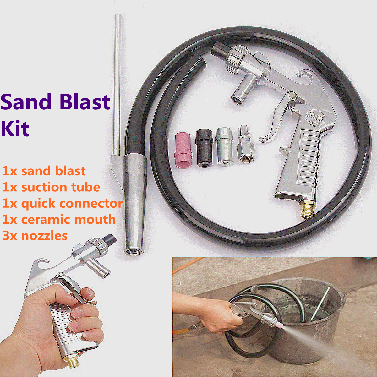 7Pcs Abrasive Air Sand Blasting Gun kit 1 ceramic nozzle 1 steel nozzle 1 Sand Suction Pipe Industrial Sandblaster