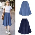 Classic Summer Denim Skirts Womens Pleated Knee Length Jeans Skirt Sweet Solid Casual Button Long Skirt Women Loose Party Skirts