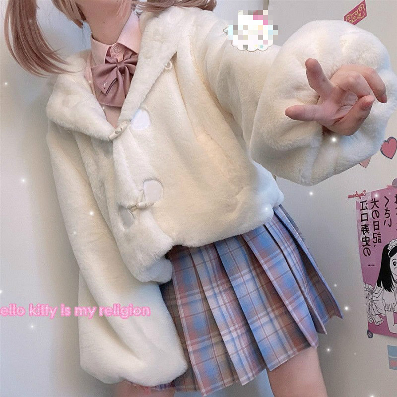 Autumn Winter Japanese Cute Lolita Coats Girls Kawaii Rabbit Ears Hooded Loose Plush Jackets Women Sweet Warm Jk Outwear Tops