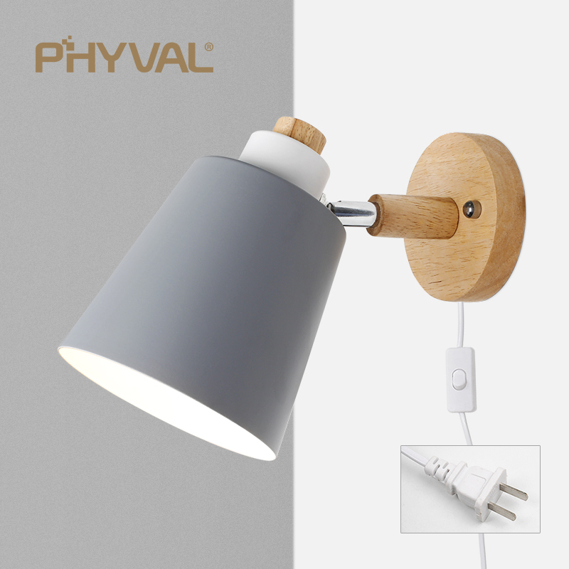 PHYVAL Nordic Wall Lamp With Switch Iron Wall Lamp E27 Macaroon 6 Color Bedside Wall Lamp Led EU/US Plug Wall Sconce Light