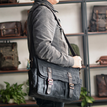 New Wax Canvas Splicing Men's Real-Leather Bag Vintage Men's Single-Shoulder Bag Fashion Computer Messenger Bag