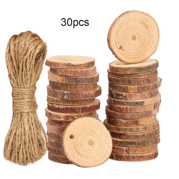 30pcs 3-4cm Unfinished Natural Round Wood Slices Log Discs for Arts Crafts Home Decoration Christmas Ornament with Hemp Rope