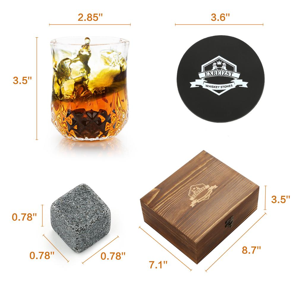 Whiskey Stones and Whiskey Glass Gift Box Set - 8 Granite Chilling Whisky Rocks + 2 Glasses in Wooden Box - Best Gift for Men Fa