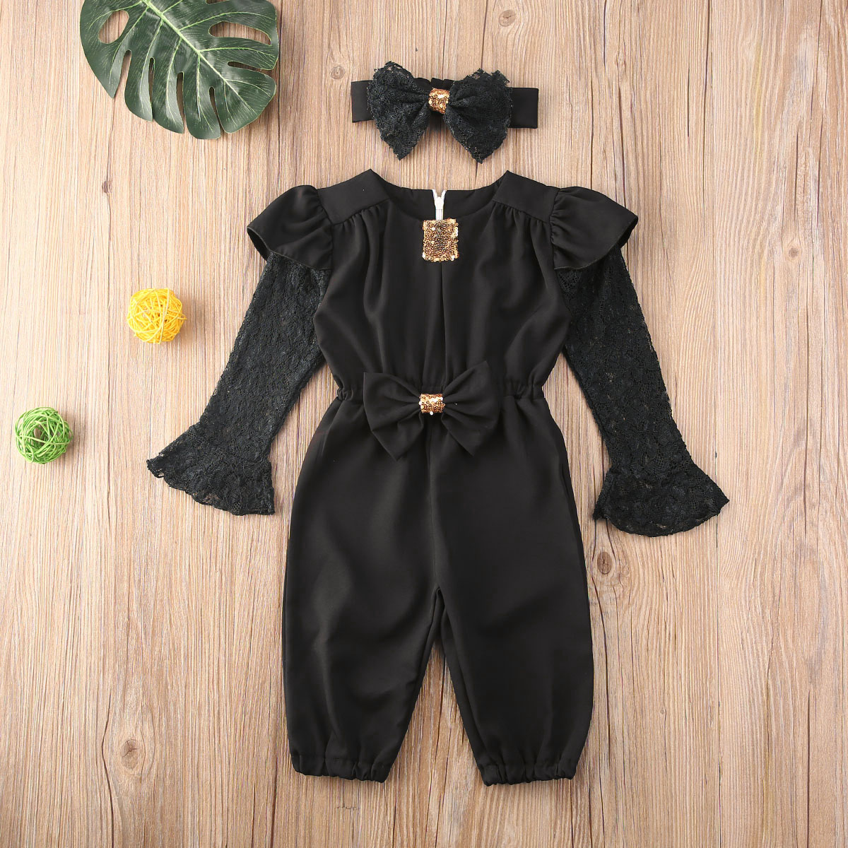 2020 New Baby Girl Clothes Fashion Kids Girl Sets 2Pcs Lace Flare Sleeve Bow Romper Headband Child Girl Clothes Streetwear 1-5Y