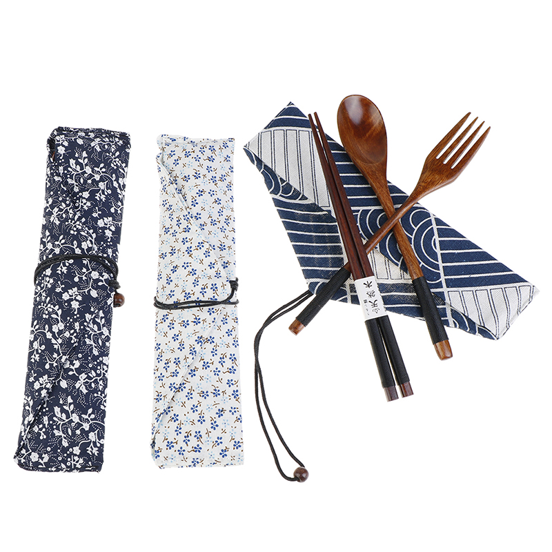 1 Set Tableware Wooden Cutlery Sets with Natural Spoon Fork Chopsticks Travel Gift Portable Dinnerware Suit with Cloth bag