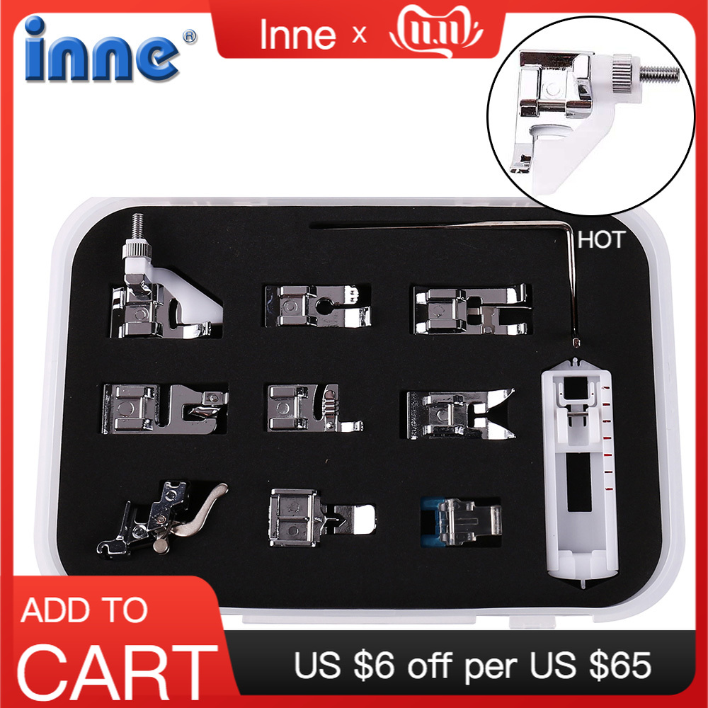 INNE 11Pcs Sewing Accessories Seam Tool Presser Foot Feet Kit Set With Box Buttonhole Nail Buckle For Brother Singer Janom Parts