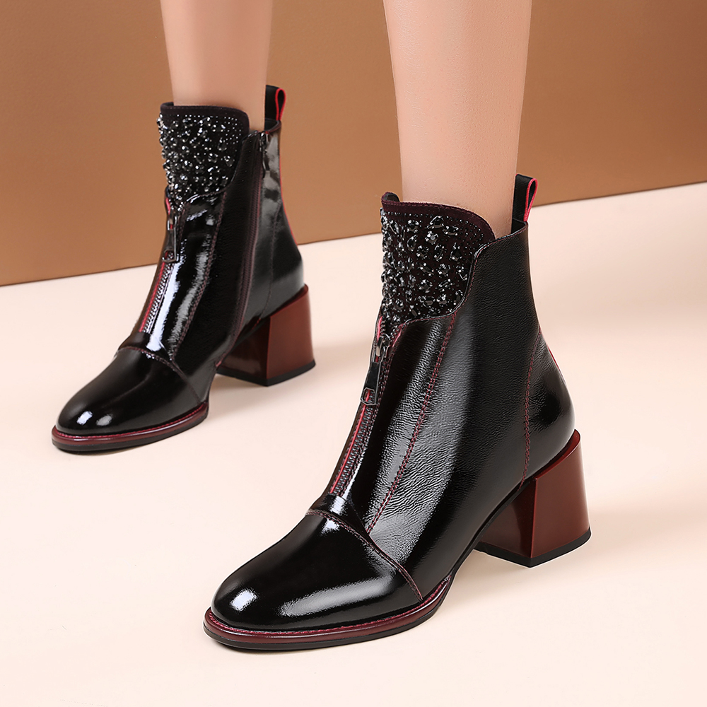 VAIR MUDO Autumn Winter Women Ankle Boot Thick Heel Patent Leather Black Temperament Shoes Ladies High Quality Boots DX125