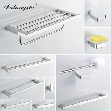 Falangshi Bathroom Hardware Set Stainless Steel Polished Bathroom Towel Rack Toilet Paper Holder Glass Shelf Robe Hook WB8840