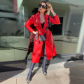 Free Shipping High Quality Long Leather Trench Coat Women Belt Lapel Long Sleeve Loose Red Faux Leather Jacket Elegant PU Coat