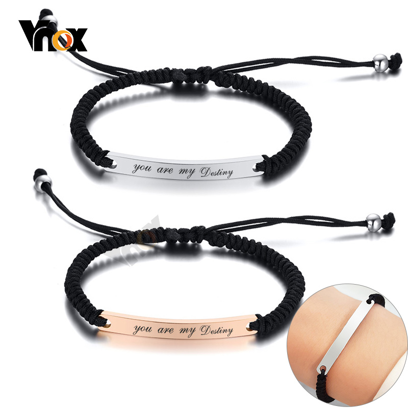 Vnox Customize Engrave Nameplate Braided Couple Bracelets for Women Men Stainless Steel ID Tag Bar For Lover Valentines Day