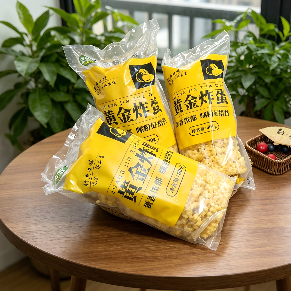 Three bags of gold fried egg plastic packaging