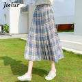 Jielur Fresh Apricot Blue Plaid Skirts Women 2020 Fashion New Loose Retro Chiffon Skirt High Waist A-line Pleated Long Skirt