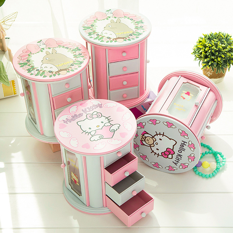 Creative Round Large-capacity Music Box with Three Drawers Vanity Mirror Jewelry Box Cartoon Music Box Music Box Children's Gift