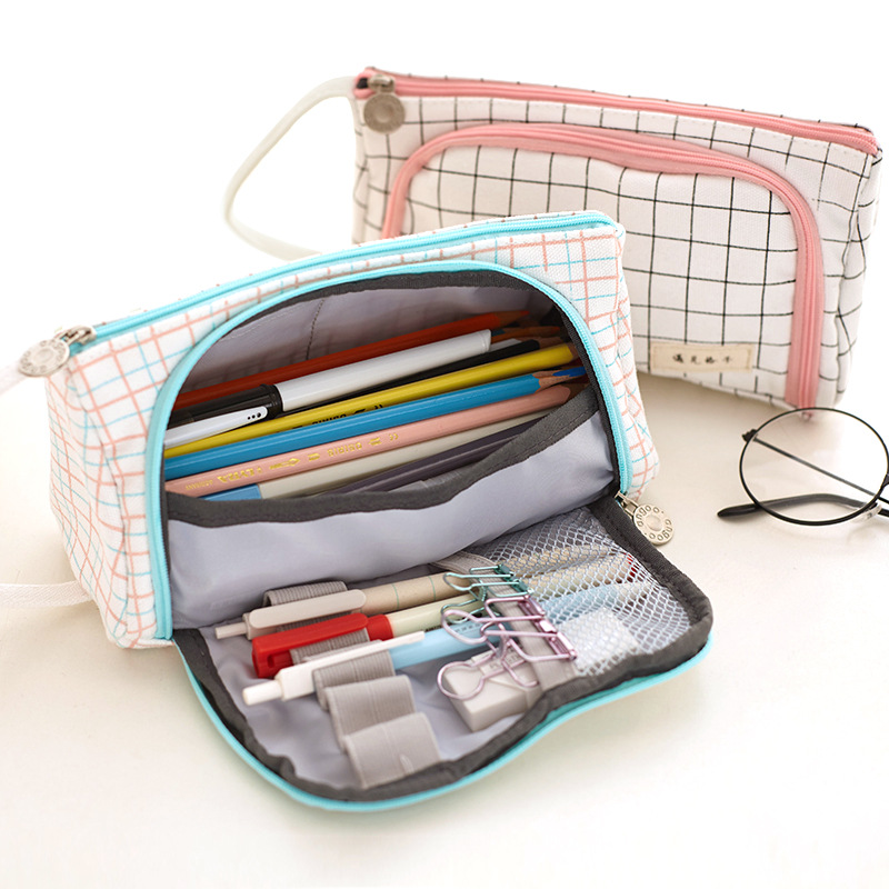 Pencil Case Stationery Bag Pen Holder School Supplies Office College Student Girl BagChristmas Gift White Plaid Stationery Pouch