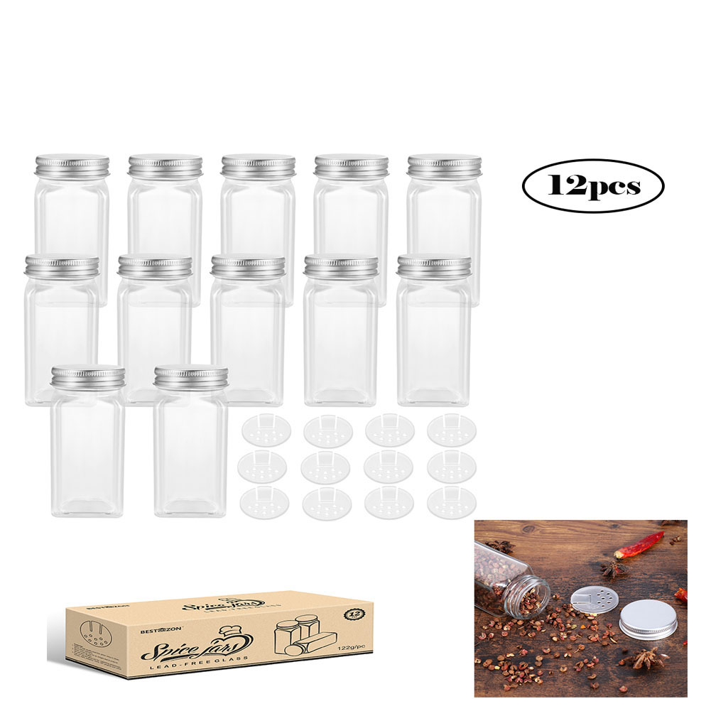 BESTONZON 12pcs Spice Jars Square Glass Jar with Lid Containers Seasoning Bottle Kitchen Storage Bottles Condiment Containers