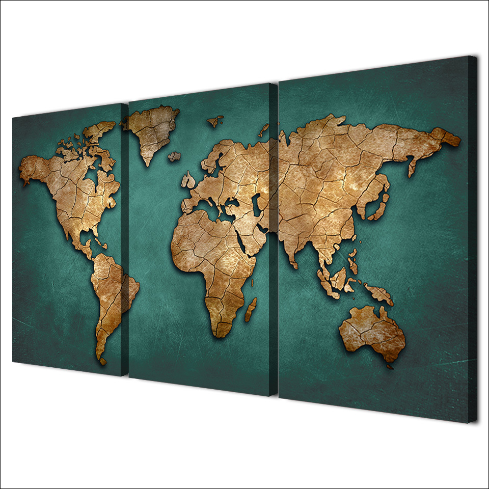 3 piece canvas painting Pictures green color World Map Paintings Wall Art Modular Posters home wall deco