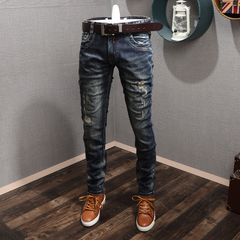 Italian Style Fashion Men Jeans Retro Wash Black Blue Slim Fit Ripped Jeans Men High Quality Streetwear Vintage Designer Jeans