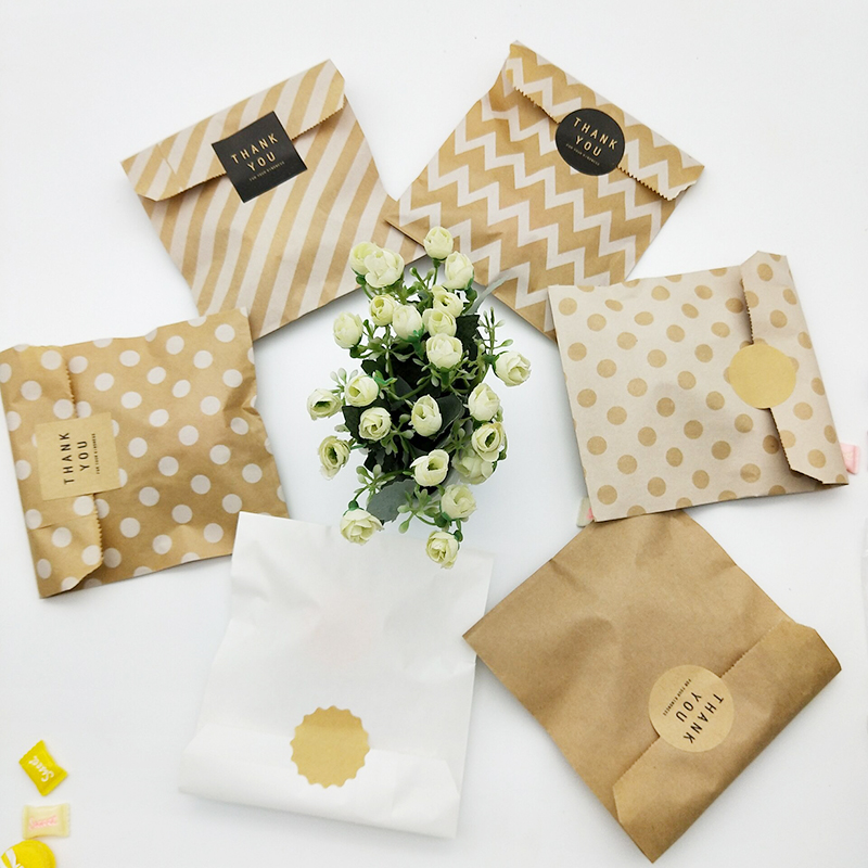 Kraft Paper Bag 100pcs Favor Sweet Bag Popcorn Bags Brown White Dot Wave Stripe Candy Gift Packing Pouch Wedding Party Supplies