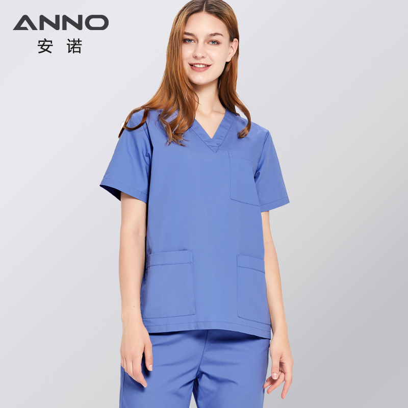 ANNO Solid Color Scrubs Set Work Cloths with Short/Long Sleeves Nursing Uniform Tops Trousers Nurse Suit Hospital Dress