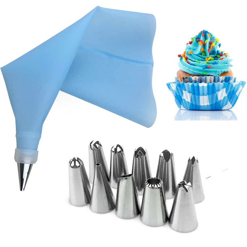 12PC/Set DIY Silicone Icing Piping Cream Pastry Bag Stainless Steel Nozzle Converter Tips Kitchen Baking Cake Decorating Tools