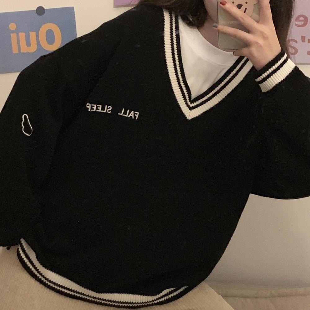 Sweaters Women Ulzzang Letter Chic Vintage V-neck Daily Oversize Preppy Girls Knitwear Fall Casual All-match Ins Womens Sweater