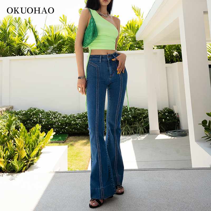Okuohao High Waist Jeans Women 2021 Spring New Streetwear Loose Casual Flared Female Pants Line Design Fashion Washed Trousers