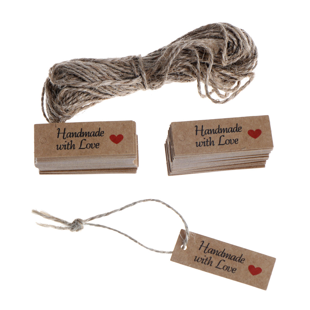 100PCS Handmade With Love Garment Labels Lovely Paper Tags Rope Paper Card Tag Labels Party Favors Gift 10Meters