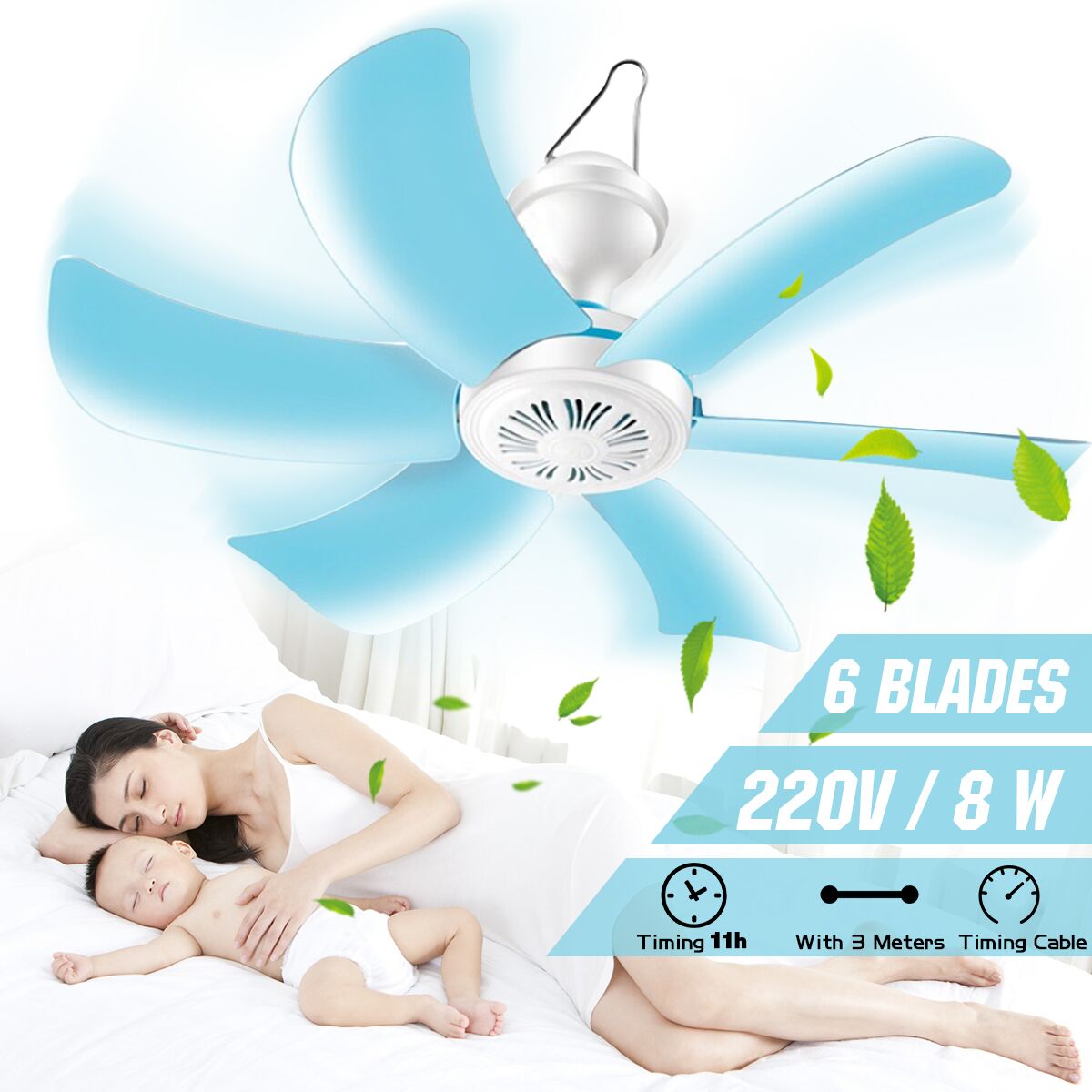 Warmtoo 6 Blades 8W Hanging Mini Ceiling Fan With 3 Meters Timing Cable Low Noise Soft Wind household Energy Saving Summer