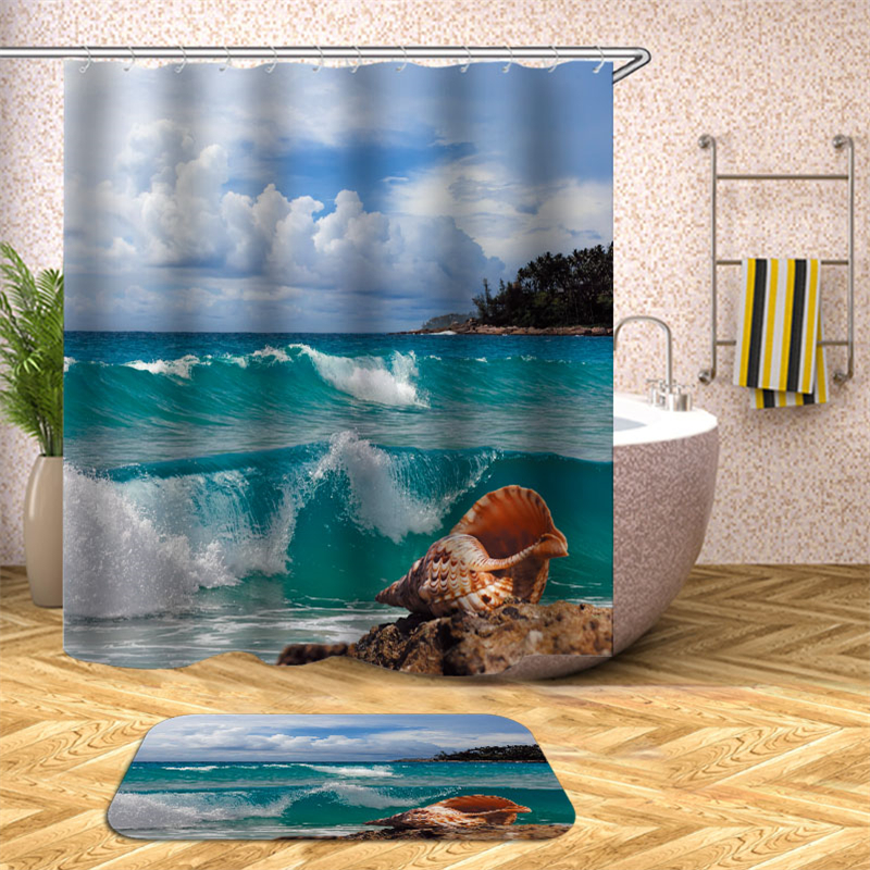 Seaside Ocean Scenic Sea Star Shower Curtains set with Rod Frabic Waterproof shower curtain in Polyester Bath for Bathroom