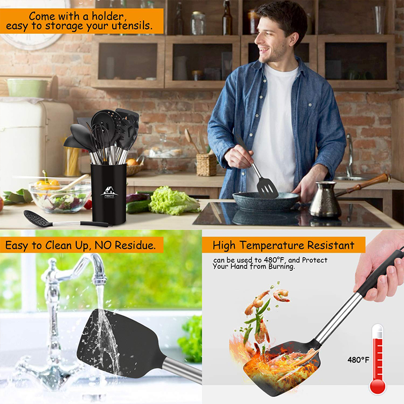Heat Resistant Kitchen Utensil Silicone Cooking Utensils Set with Stainless Steel Handle Great Kitchen Tools for Gift