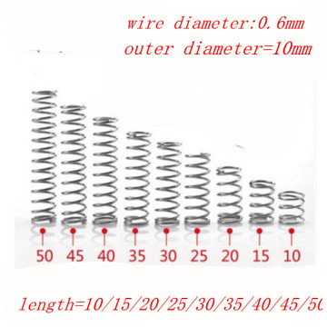 20pcs 0.6mm 0.6*10*L Stainless Steel compression spring. outer diameter 10mm length 15/20/25/30/35/40/45/50