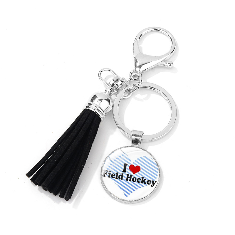 Fun Ice Hockey Players Pattern Exquisite Keyring Retro Outdoor Field Sport Series Glass Time Gem Black Tassel Key Chains