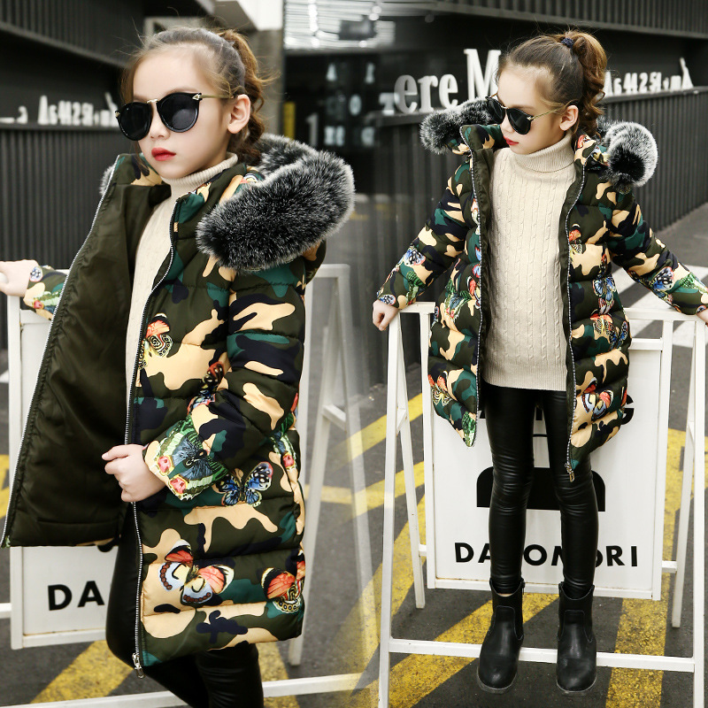 Girls Cotton-padded Outerwear Camouflage Coats Winter Children Warm Clothes Fashion Fur Collar Girls Jacket 4 6 8 10 12 13 Years