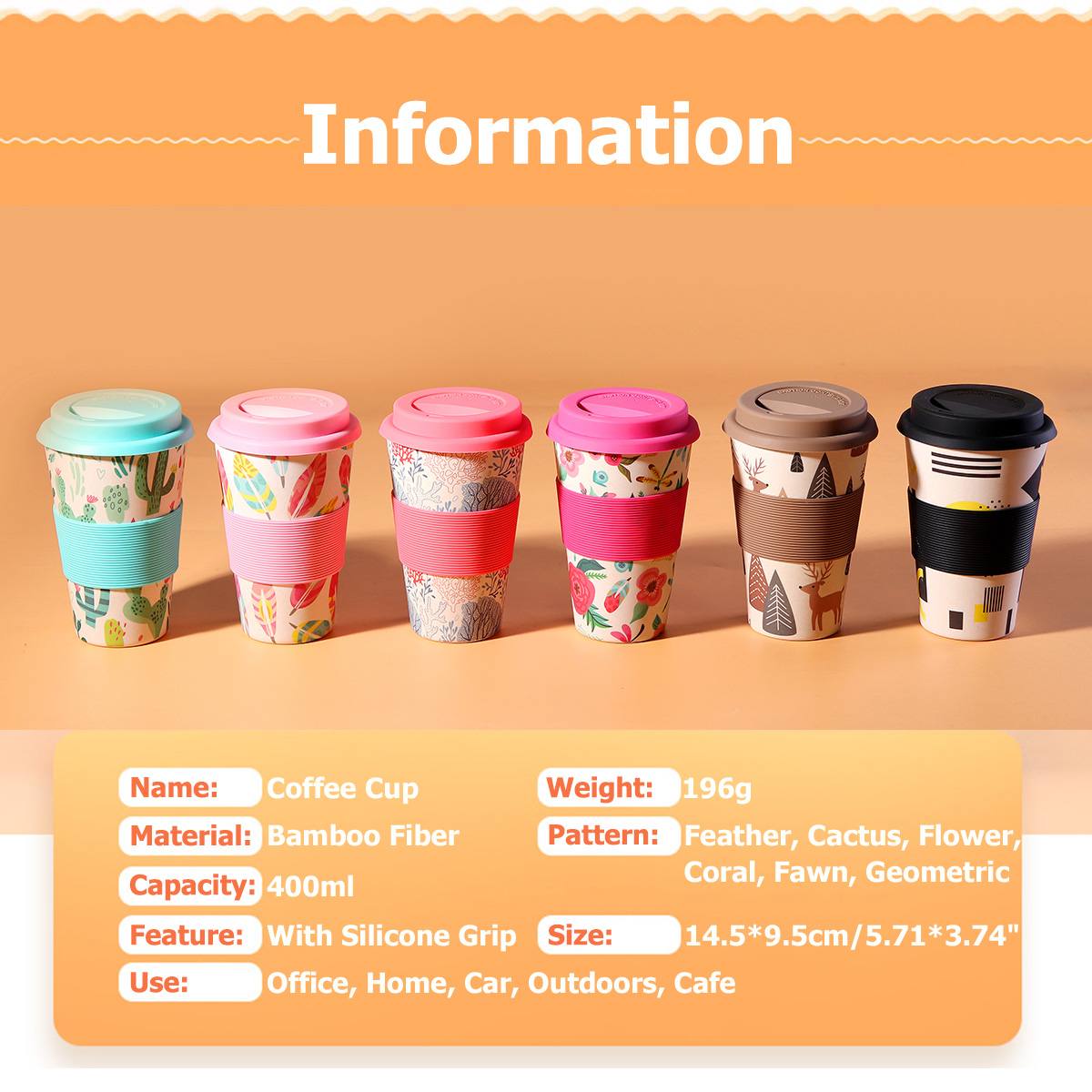 400ml Portable Practical Reusable Bamboo Fiber Silicone Cap Coffee Cups Eco Friendly Non-slip Printing Travel Mugs Useful