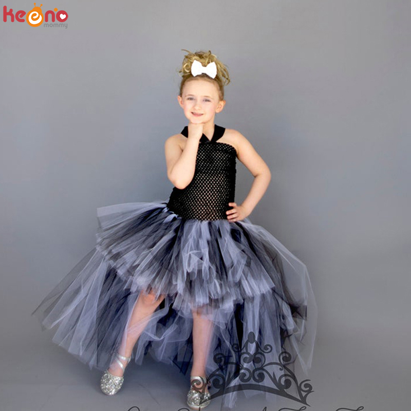 Black and White High Low Tutu Dress Children Halloween Birthday Costume Outfit Girls Pageant Party Ball Gown Fancy Tulle Dresses
