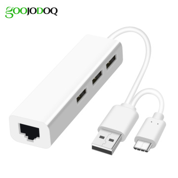 2 in 1 USB Ethernet 3 Port USB HUB 2.0 OTG USB Type C Hub to Rj45 Lan Adapter Multi Splitter USB-C Network Card for MacBook PC