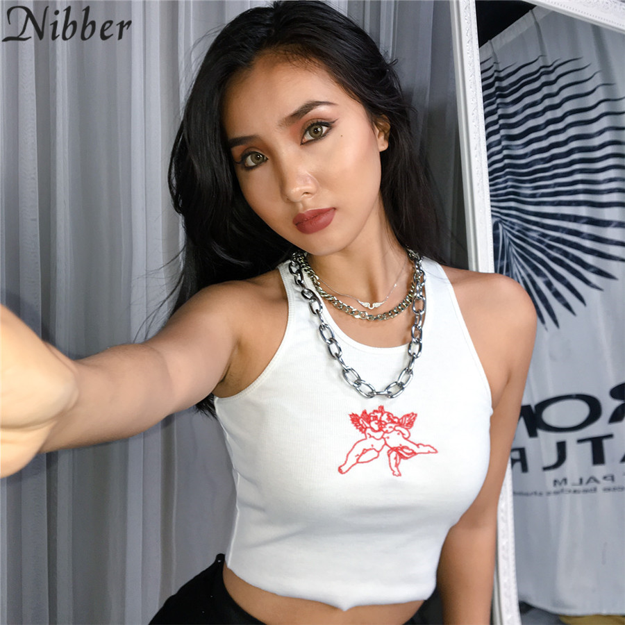 Nibber summer Ribbed knit cute Harajuku crop tops women tank tops 2019stretch Slim white printing camisole Basic tee shirt mujer