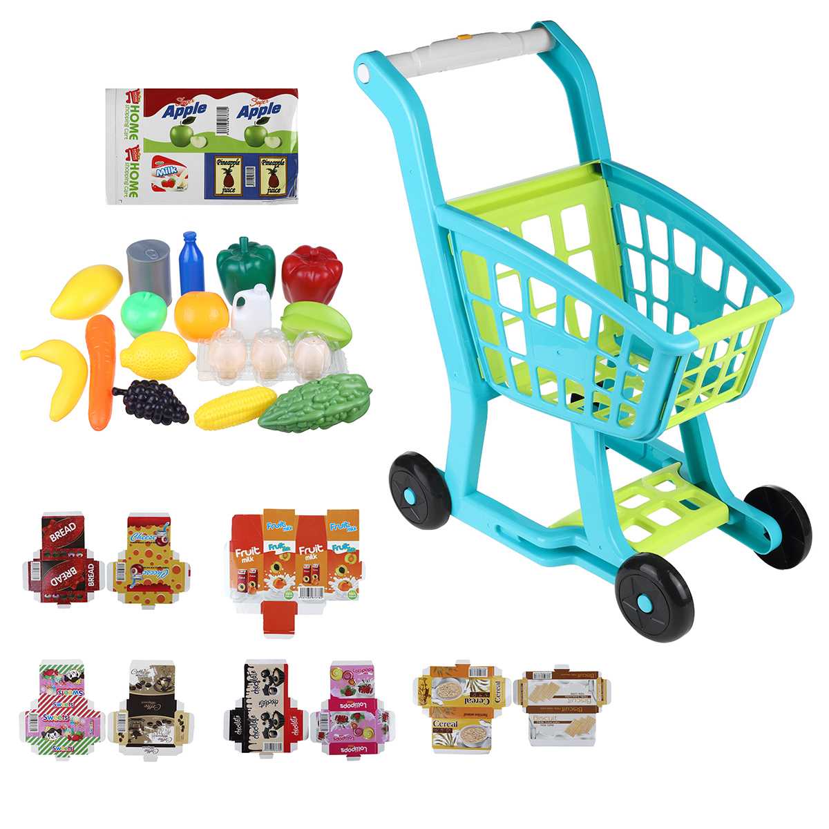 Groceries Cart Trolley Toys Kids Light Music Supermarket Shopping For Girls Kitchen Play House Simulation Fruits Pretend Toy
