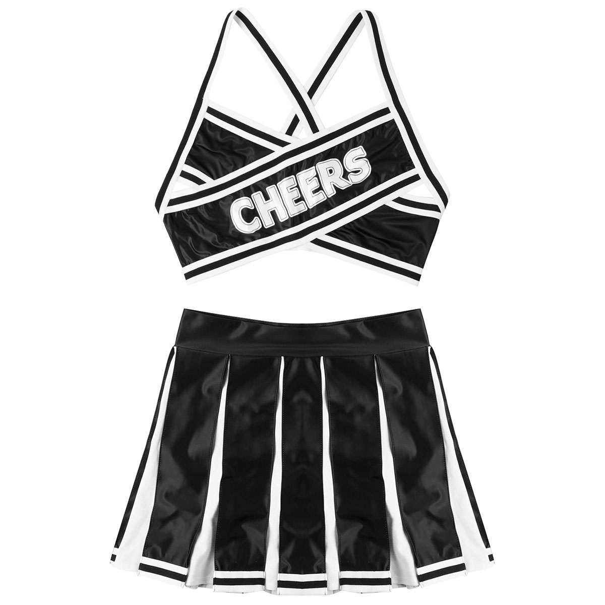 Women Adults Japanese Cheerleader Gleeing Schoolgirl Costume Uniform Elastic Striped Back Cross Crop Top with Pleated Skirt