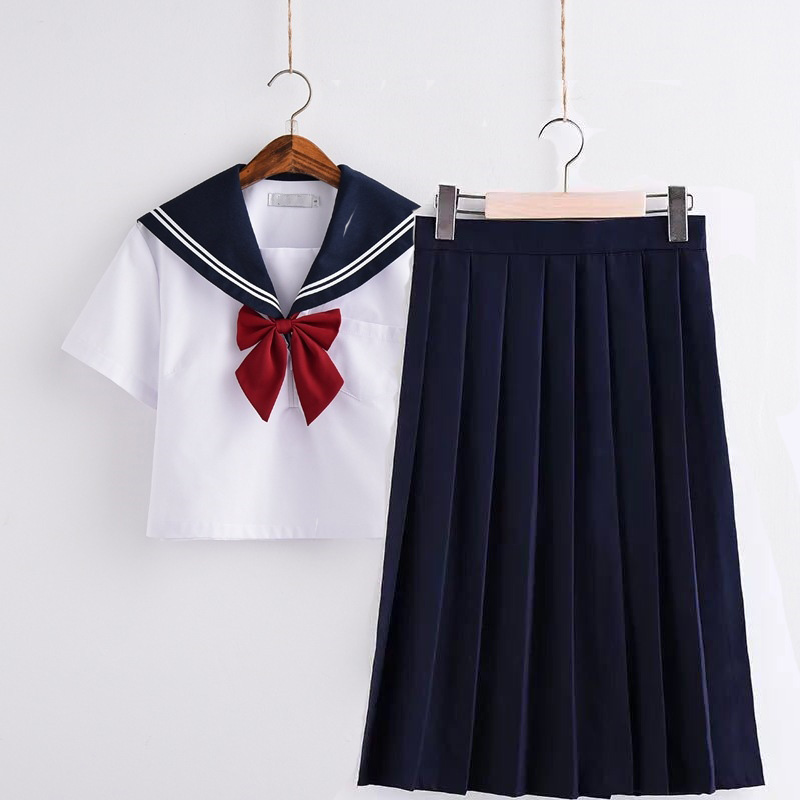 Cute Sailor suit Long sleeve JK School uniform sets for girls White shirt and dark blue pleated skirt suits Student Cosplay