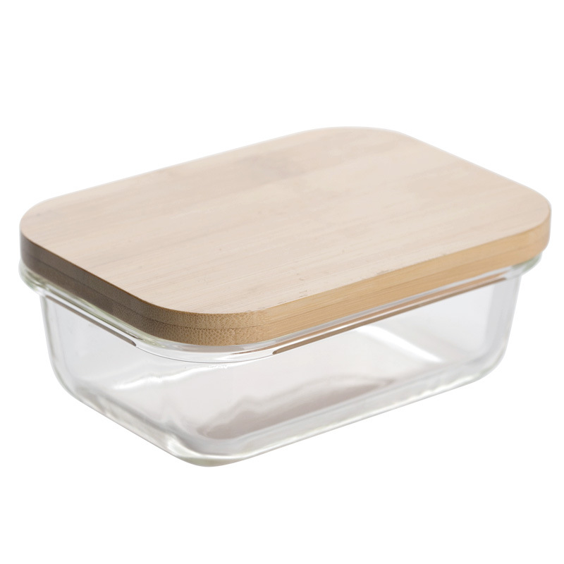 Household Glass Lunch Box Bamboo Wood Cover Fresh Bowl Storage Box Portable Microwave Students Picnic Bento Food Container